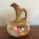 Royal Worcester ewer with gilt dragon handle roses by H Martin