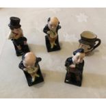 Four Royal Doulton Dickens figures and a Sam Weller miniature Toby jug