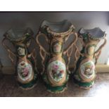 Garniture of mid 19th c porcelain vases one with repair to top