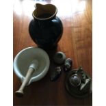 Denby jug, Wedgwood mortar and pestle , match striker, pair Staffs. sheep and condiment set