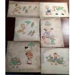 Set of 6 original Mabel Lucie Attwell sketches for Shelley Pottery "Boo Boo Nursery Series"