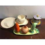 Carlton ware novelty cruet, cup, saucer, plate and a jam pot with faults