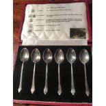 Set of silver coffee spoons in box with various assay marks inc. Britannia 1973