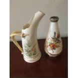 Royal Worcester ewer and a bird decorated vase tallest 19cms