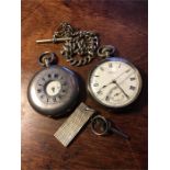 Two silver pocket watches, watch chain, fob and key