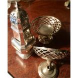 Silver sugar sifter (bruised) and two small baskets one a/f 8.5 ozt