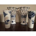 Pair 18th c blue and white basket ware vases a/f with 2 small flute vases