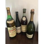 Four bottles vintage brandy inc. Alt Nürnberg, Delamain & Co. Cognac Napoleon & Marc Champagne