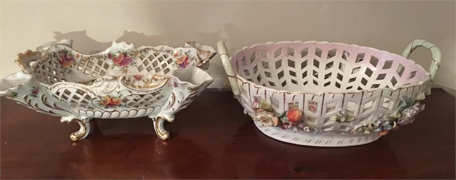 Two late 19th c continental porcelain baskets largest 34 cms