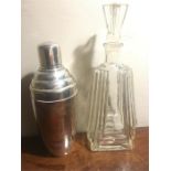 Art Deco glass decanter and chrome cocktail shaker