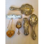 Silver Back Dressing Table Set Together with Silver Tea Strainer and Silver Sugar Tong