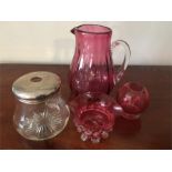 Hair tidy with silver mount and 3 pieces cranberry glass