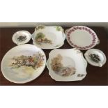 Shelley cake plates Vine, Old Mill and Leather with 1 hunting pattern plate and 2 ashtrays