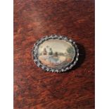 Anglo-Indian 19th c brooch with landscape on ivory