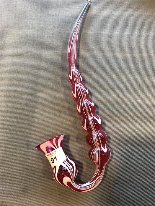 One Nailsea pink and white glass pipe with slight chip 34 cms