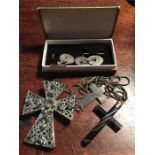 Pair silver cuff links and three crosses inc. banded agate