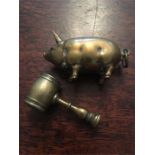 Brass vesta case in form of a pig and a miniature brass gavel