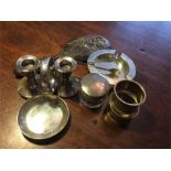 Selection of silver items inc. pr. candlesticks, bangle, 2 serviette rings, etc.