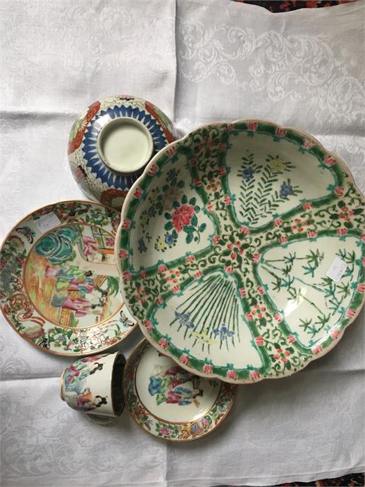 Chinese famille rose 19th c trio, a plate and a bowl all a/f