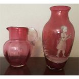 Mary Gregory glass vase and cranberry jug
