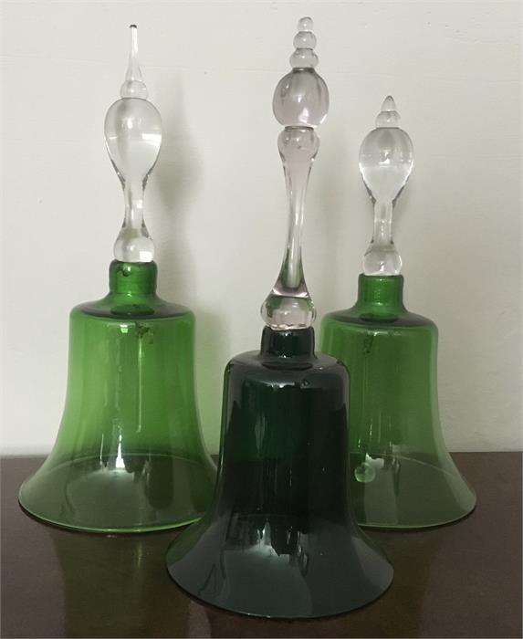 Three green glass bells 19th c