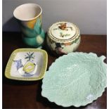 Crown Devon John Peel biscuit barrel, Beswick vase, Stavenger flint dish and a Crown Dervon dish