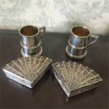 Two miniature tankards and 2 fan shape snuff boxes