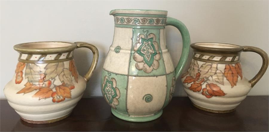 Three pieces Charlotte Rhead pottery