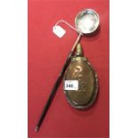 Baleen handle silver toddy ladle with George II silver coin and nice copper powder flask