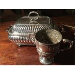 Good quality silver plated entree dish 38cm handle to handle with an embossed trophy