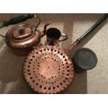 Mixed lot metalware inc. copper kettle, warming pan, kodak film tank etc.