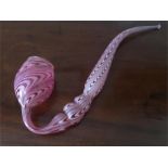 Superb pink and white Nailsea glass pipe 44 cms long