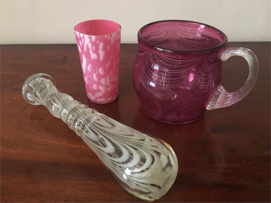 Nailsea glass pestle, jug and beaker