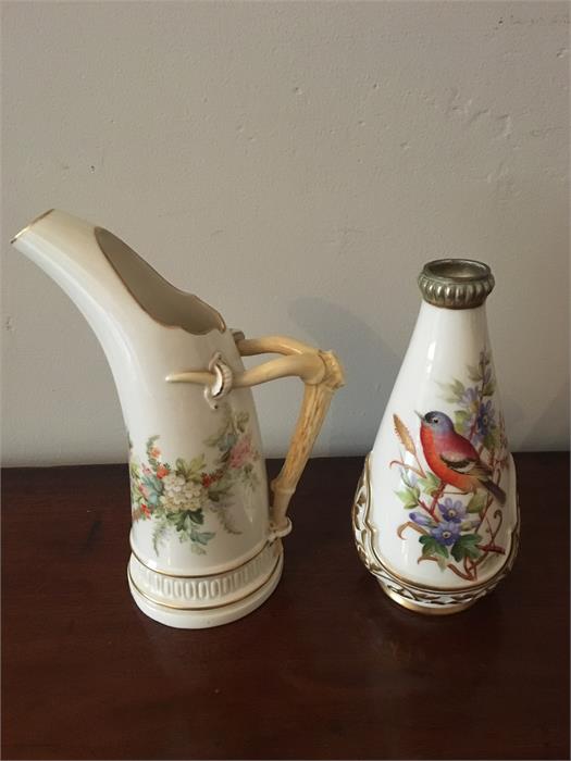 Royal Worcester ewer and a bird decorated vase tallest 19cms - Image 2 of 2