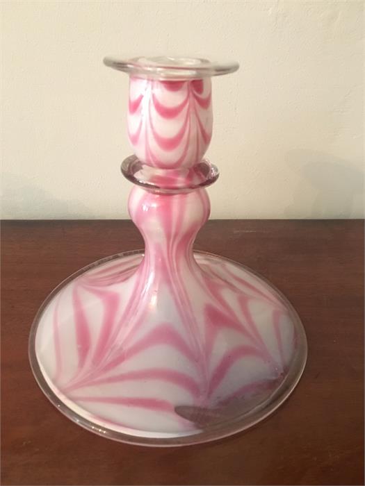 Good quality early 19th d pink and white Nailsea glass candlestick 17cms high