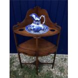 Good 19th c mahogany corner washstand with two drawers and blue and white jug and bowl