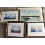 Three O Williams watercolours of game birds and a Peter Scott signed limited edition print