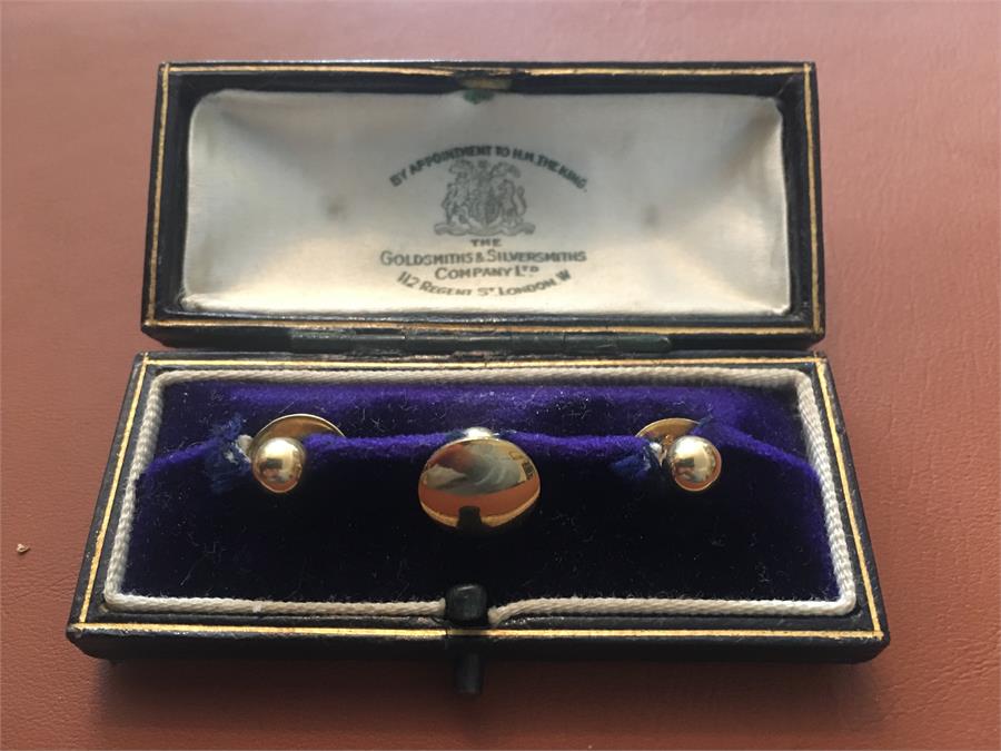 Set of 3 9ct gold studs by The Goldsmiths and Silversmiths Co Ltd.