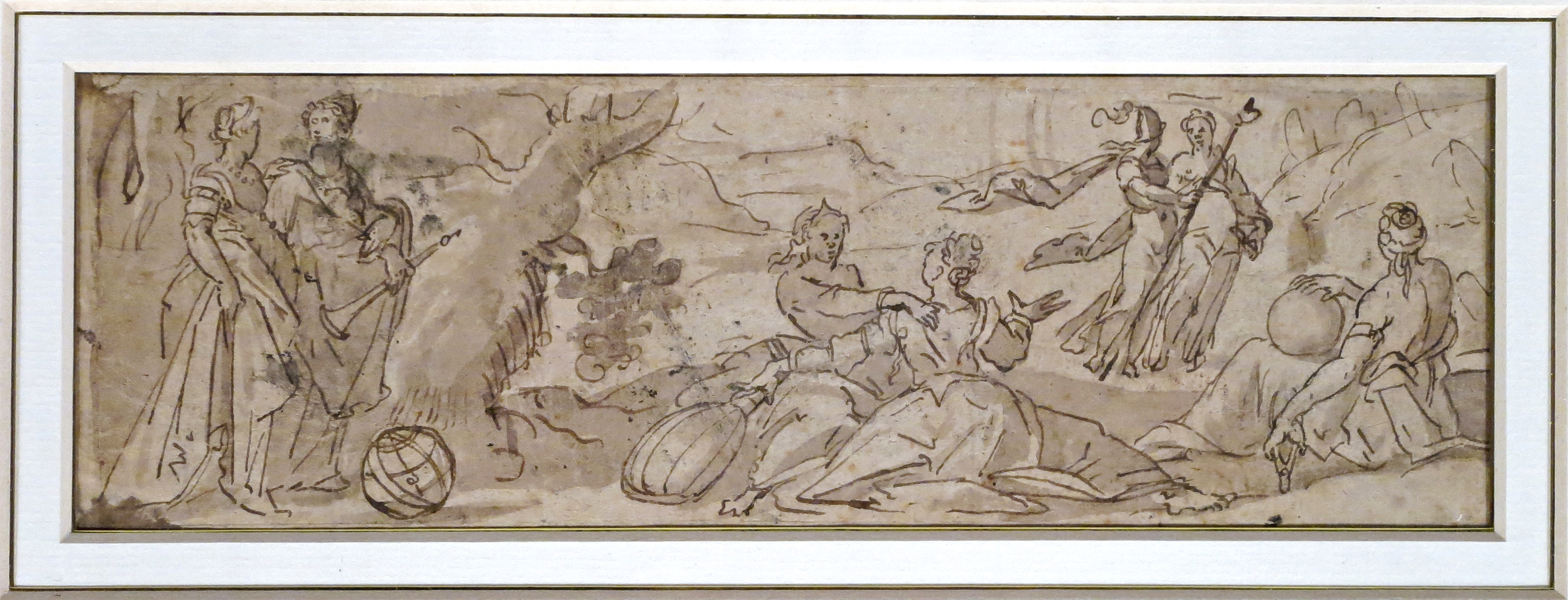 (École flamande) - [Attribué à SPRANGER, Bartholomé (1546-1611)].- Apollon et les muses. DESSIN