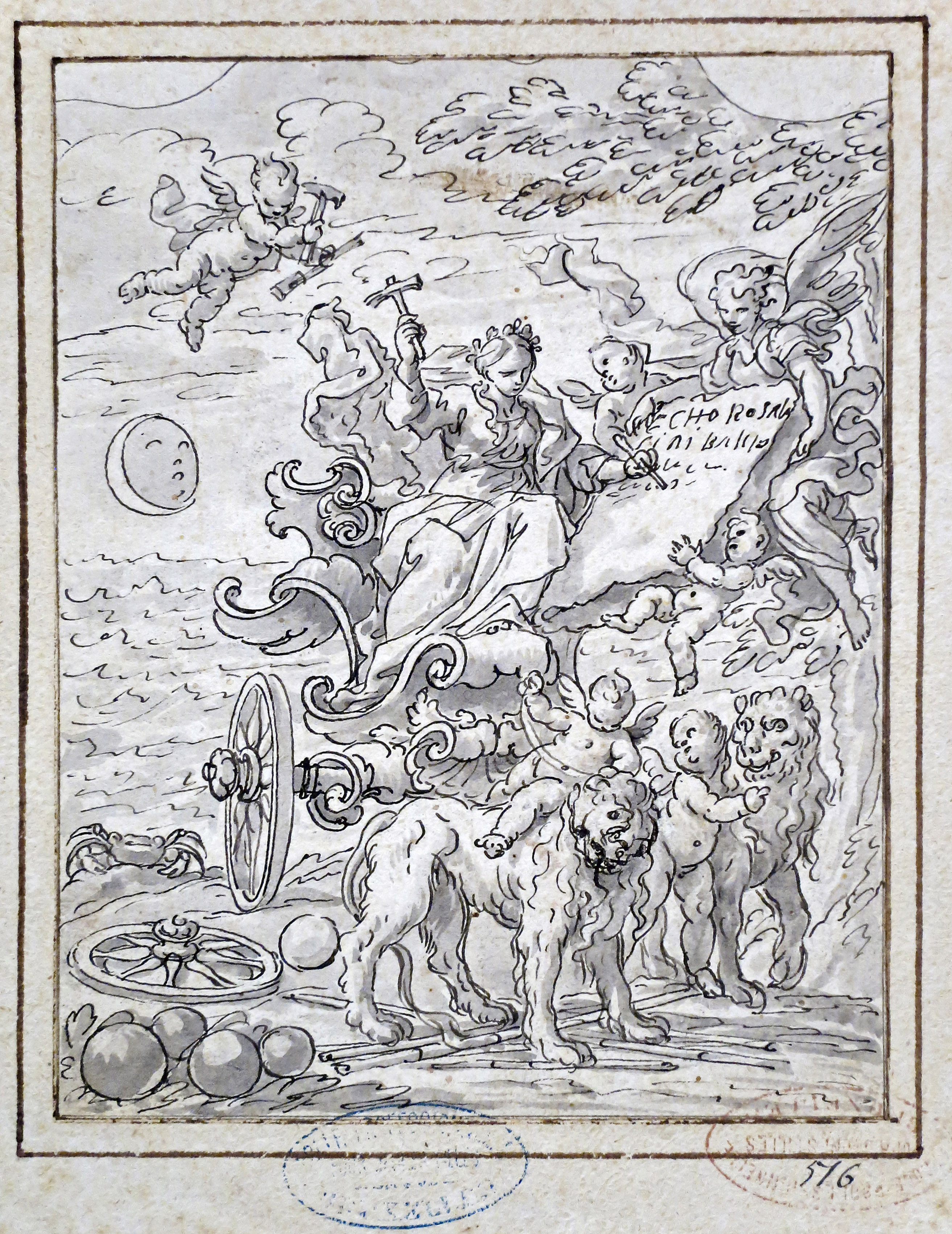 (École flamande) - [Cercle de ORLEY, Richard van (1663-1732)].- Personnage féminin sur un char en