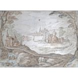 (École flamande) - [Atelier de MOMPER, Josse II de (1564-1635)].- Paysage fluvial avec église et