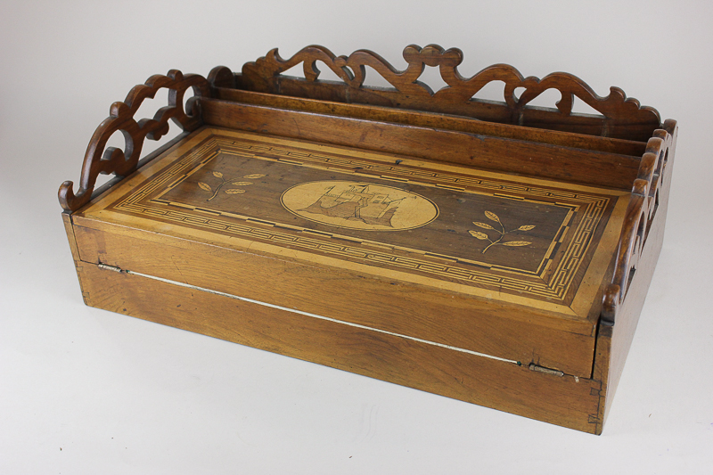 An Anglo-Chinese writing slope, the top with pierced three quarter gallery, inlaid with oval panel