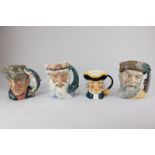 Three large Royal Doulton character jugs, Robinson Crusoe, Neptune, and The Poacher, together with a