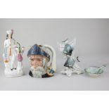 A Royal Doulton large character jug of Don Quixote, a Karl Ens porcelain model of two fish (a/f),