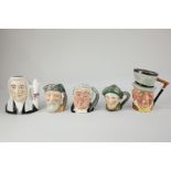 Three Royal Doulton porcelain character jugs including Robinson Crusoe and The Lawyer, together with