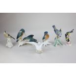 Six porcelain models of birds including Karl Ens kingfishers, Lladro goose, Goebels bluetit, and