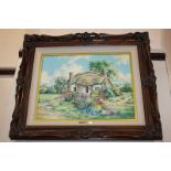 Marty Bell, thatched cottage and garden, plaque inscribed Old Mother Hubbard's Cottage, coloured