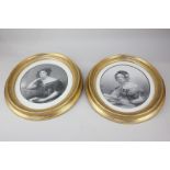 Two 19th century style oval black and white prints depicting ladies in gowns reading, 18.5cm by