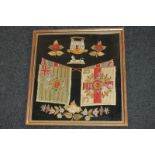 A Victorian military woolwork panel depicting the crossed flags of the Dorsetshire Regiment of