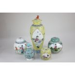 A collection of modern Chinese porcelain including two ginger jars and covers (one a/f) depicting